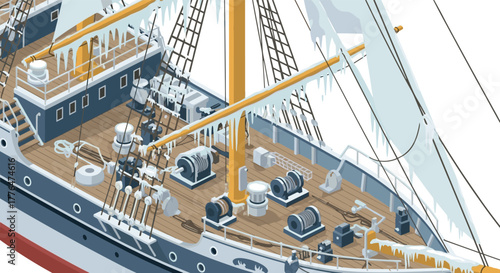 Isometric winter maritime vessel with icy deck details and nautical equipment