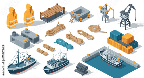 Maritime tools and equipment collection in isometric design for harbors and shipping