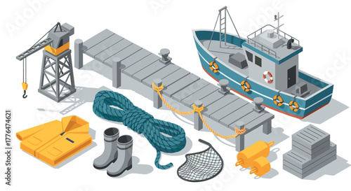 Isometric fishing equipment and boat with dock scene for marine activities