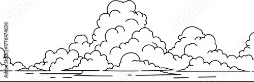 Puffy Cumulus Strip — soft stacked cloud line art in a square panel, airy negative space and balanced strokes, versatile thumbnail for weather, kids decor, and calming layouts