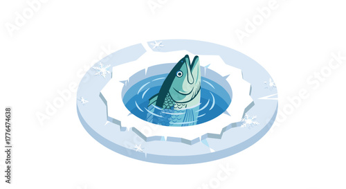 Fish emerging through icy hole in winter scene with snowflakes