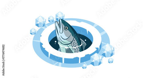Isometric ice fishing scene with trout emerging from frozen lake