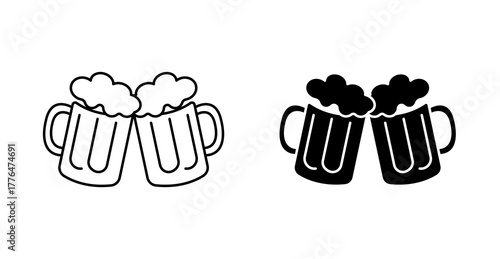 Beer Mugs Icon Set, Flat Vector Glasses of Beer, Cheers, Oktoberfest Drink Symbols