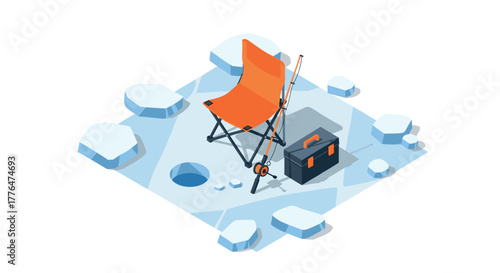 Isometric ice fishing scene with chair, gear, and snow in winter setting