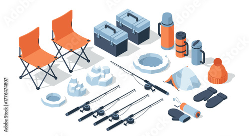 Isometric ice fishing gear set with camping chairs and fishing rods
