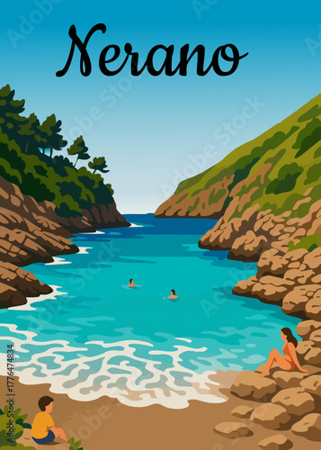 Nerano, una delle località più suggestive della Costiera Sorrentina. L’immagine mostra un’insenatura con mare turchese, scogli e bagnanti immersi in un’atmosfera estiva e rilassata.