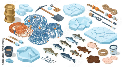 Isometric winter fishing equipment with ice blocks, fish, nets, and tools