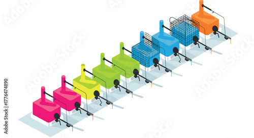 Colorful isometric charging stations in a row