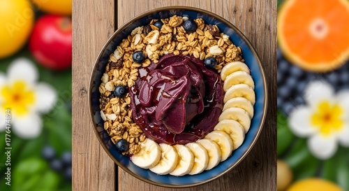 Editorial shot of açai bowl with granola and banana, vibrant background