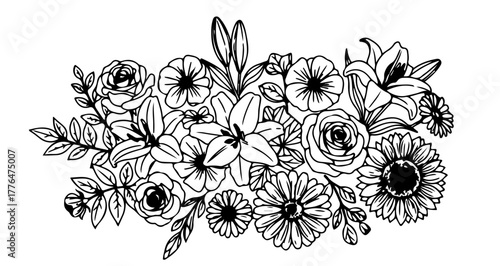 Black and white floral arrangement with roses, lilies, and daisies