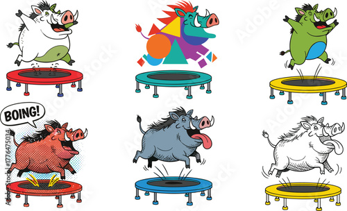 Cartoon boars jumping on trampolines, playful vector animals, colorful styles, fun pig characters, bounce motion, sketch, geometric, comic, cad drawing flat vector illustration