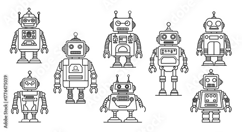 Collection of vintage robots, featuring retro designs and simple line art style