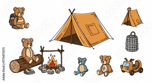 Teddy bears camping scene with campfire and tent