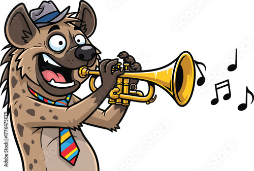 hyena, trumpet, cartoon, music, jazz, animal, funny, vector, hat, tie, notes, band, performance, character, illustration, cartoon hyena, funny animal, trumpet player, jazz music, animal musician, musi