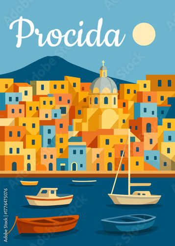 Illustrazione vettoriale di Procida, una delle isole più pittoresche del Golfo di Napoli. L’immagine raffigura le caratteristiche case colorate affacciate sul mare.