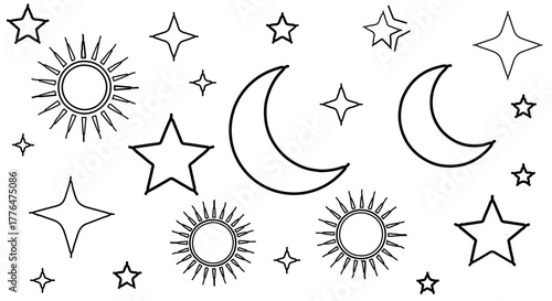 Illustration of celestial bodies including sun, moon, and stars in a night sky
