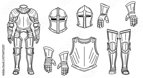 Collection of medieval knight armor pieces, including helmet, gauntlets, and breastplate