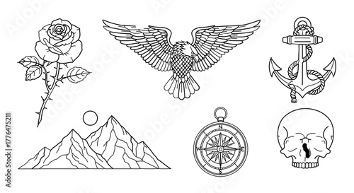 Collection of classic tattoo elements, including rose, eagle, anchor, mountain, compass, and skull