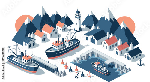 Coastal village landscape with fishing boats and lighthouse