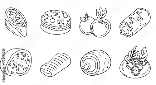 Hand drawn line art of various appetizers and snacks, perfect for menu design