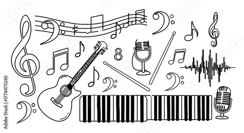 Hand drawn music elements, including guitar, piano, notes, and microphone