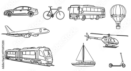 Transportation set, car, bicycle, bus, balloon, airplane, helicopter, train, boat, scooter