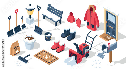 Isometric winter tools and clothing for snowy weather preparedness