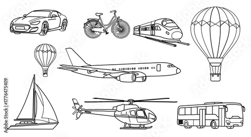 Collection of transport vehicles, hand drawn vector illustration