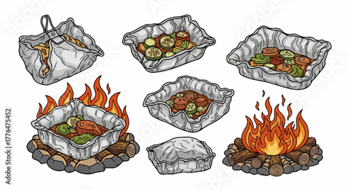 Campfire cooking in foil packets outdoors