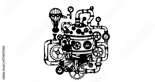 Intricate steampunk machine with gears, pipes, and gauges, a whimsical contraption
