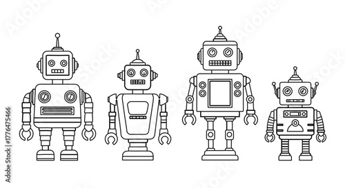 A set of four retro robots, perfect for vintage technology and futuristic themes