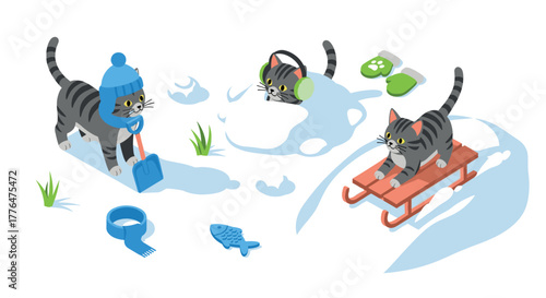 Playful cats in winter activities sledding, shoveling, and snow fun