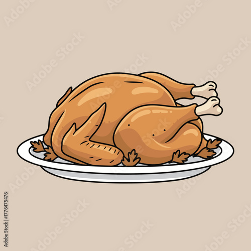 Roasted Turkey on Platter Thanksgiving Dinner Food Flat Vector Illustration