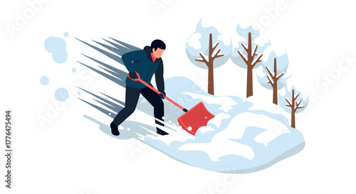 Person shoveling snow in winter scene with bare trees and snowdrifts