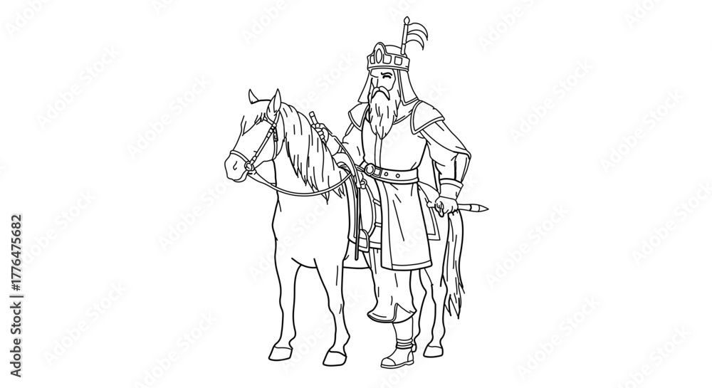 Fototapeta premium Outline drawing of a medieval knight on horseback for coloring pages