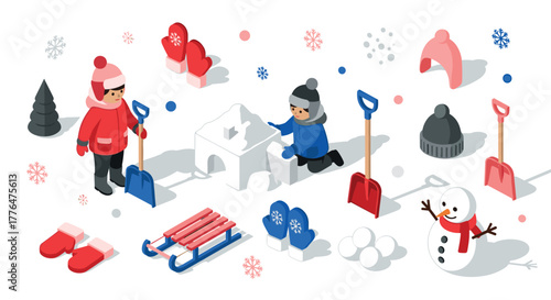 Winter fun with snow activities kids playing in the snow with shovels and snowman