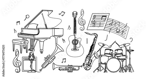 Collection of musical instruments in a hand drawn style vector illustration