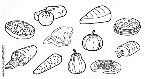 Collection of food item line drawings, perfect for menu design or culinary illustrations