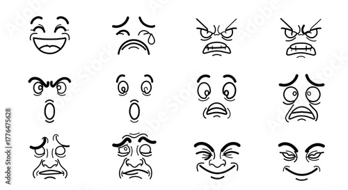 Collection of cartoon facial expressions showing different emotions, including happy and angry