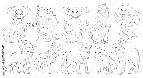 Line art illustration of mythical creature, including monster and beast