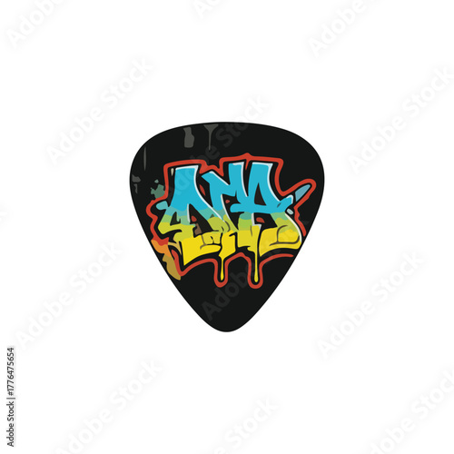 A black guitar pick featuring colorful graffiti art spelling "ANA" in blue and yellow on a white background.