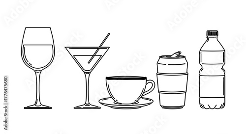 Illustration of various types of drink glasses and bottles