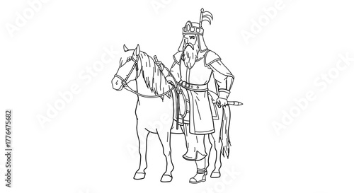 Outline drawing of a medieval knight on horseback for coloring pages