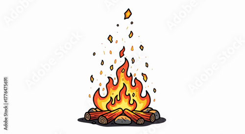 Burning campfire with flames and logs