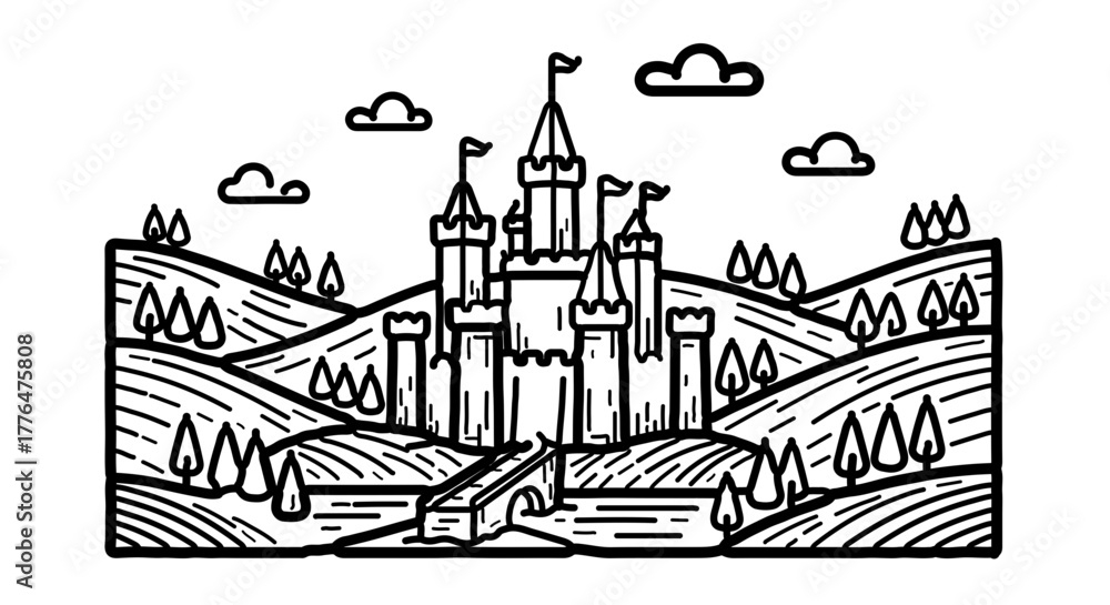 Fototapeta premium Enchanting castle nestled amidst rolling hills, a whimsical landscape