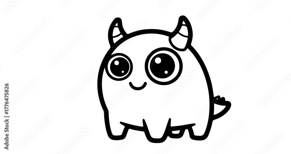 Fototapeta premium Cute cartoon monster with horns and big eyes in black and white