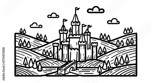 Enchanting castle nestled amidst rolling hills, a whimsical landscape