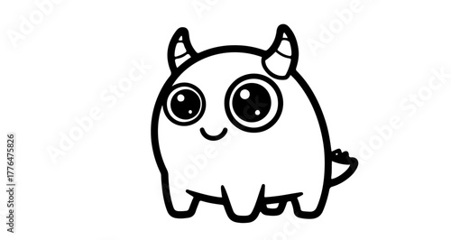 Cute cartoon monster with horns and big eyes in black and white