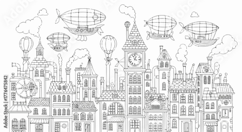 Steampunk city with airships in doodle style vector illustration of old town