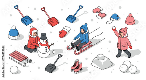 Winter fun with kids sledding, snowman, and ice skates in isometric design